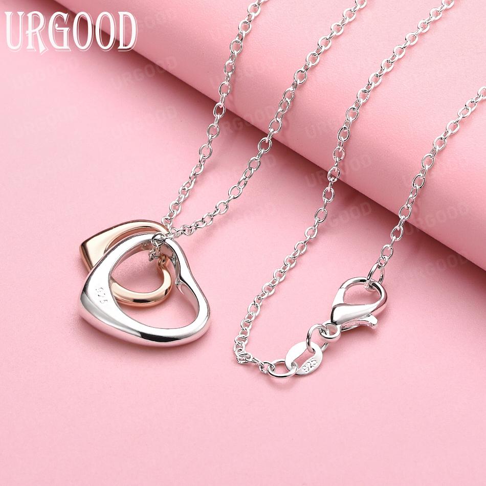 

925 Sterling Silver Charm Double Heart Pendant Necklace Wedding Jewelry 45cm