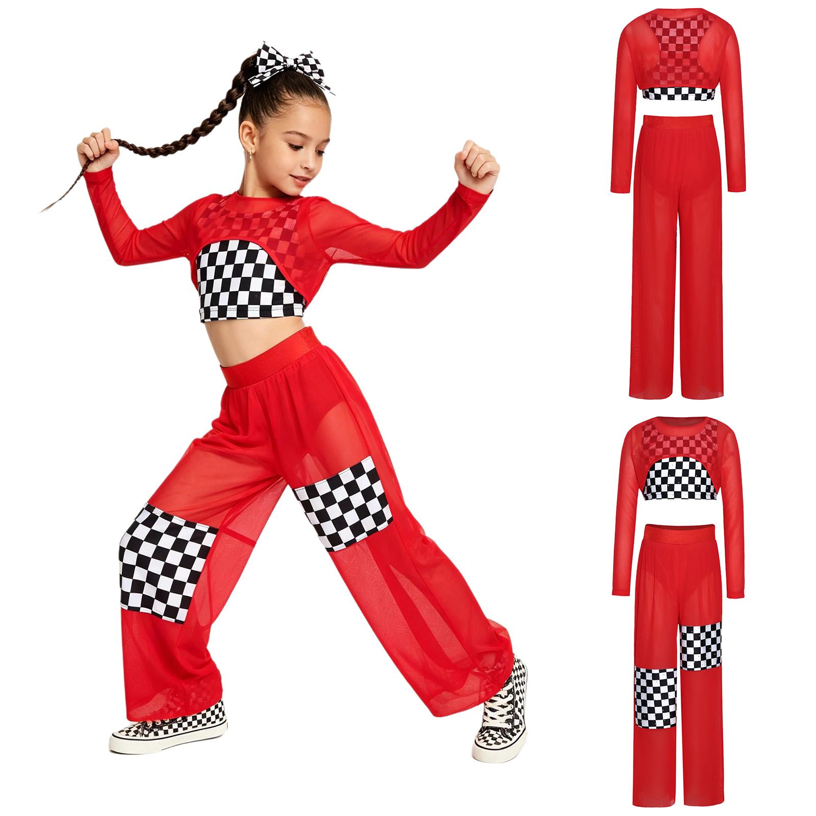 Kinder Rennfahrer Outfit Strass Karomuster Weste Crop Netzoberteil und Patchwork Hose für Mottoparty 5-6 Years rot