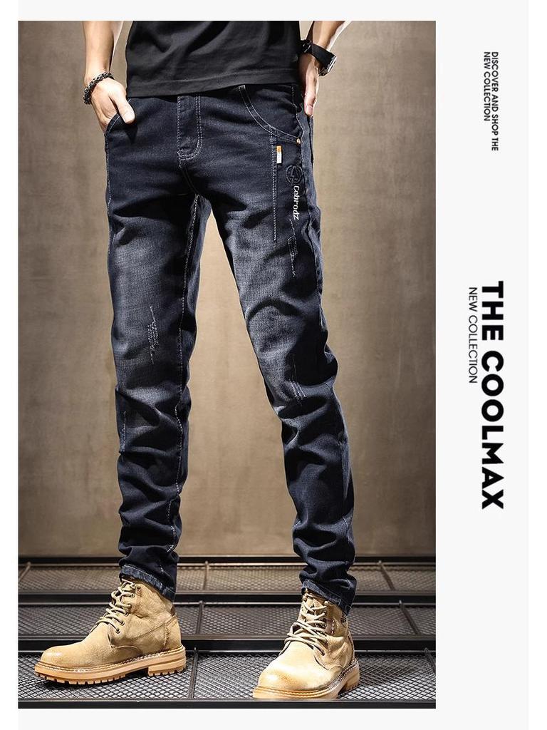 Men's Slim Straight Black & Gray Jeans: 2025 Fashion Elastic Skinny Casual Trousers