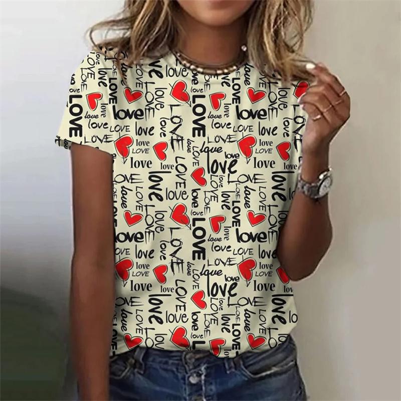 Summer Round Neck Colorful Cartoon Love Pattern 3D Print Top Fashionable Casual Short Sleeved Women's T-shirts
