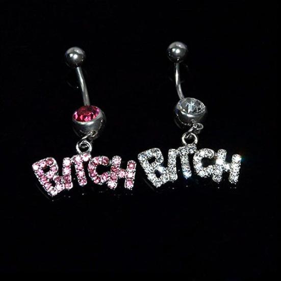 Bitch Letters Rhinestone Crystal Belly Button Navel Ring Barbell Surgical Steel