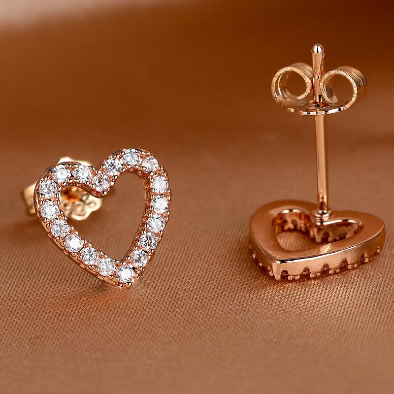 New Micro-inlaid with Diamond Zircon Heart-shaped Rose Gold-plated Stud Earrings Women's Hollow Love Earrings Jewelry