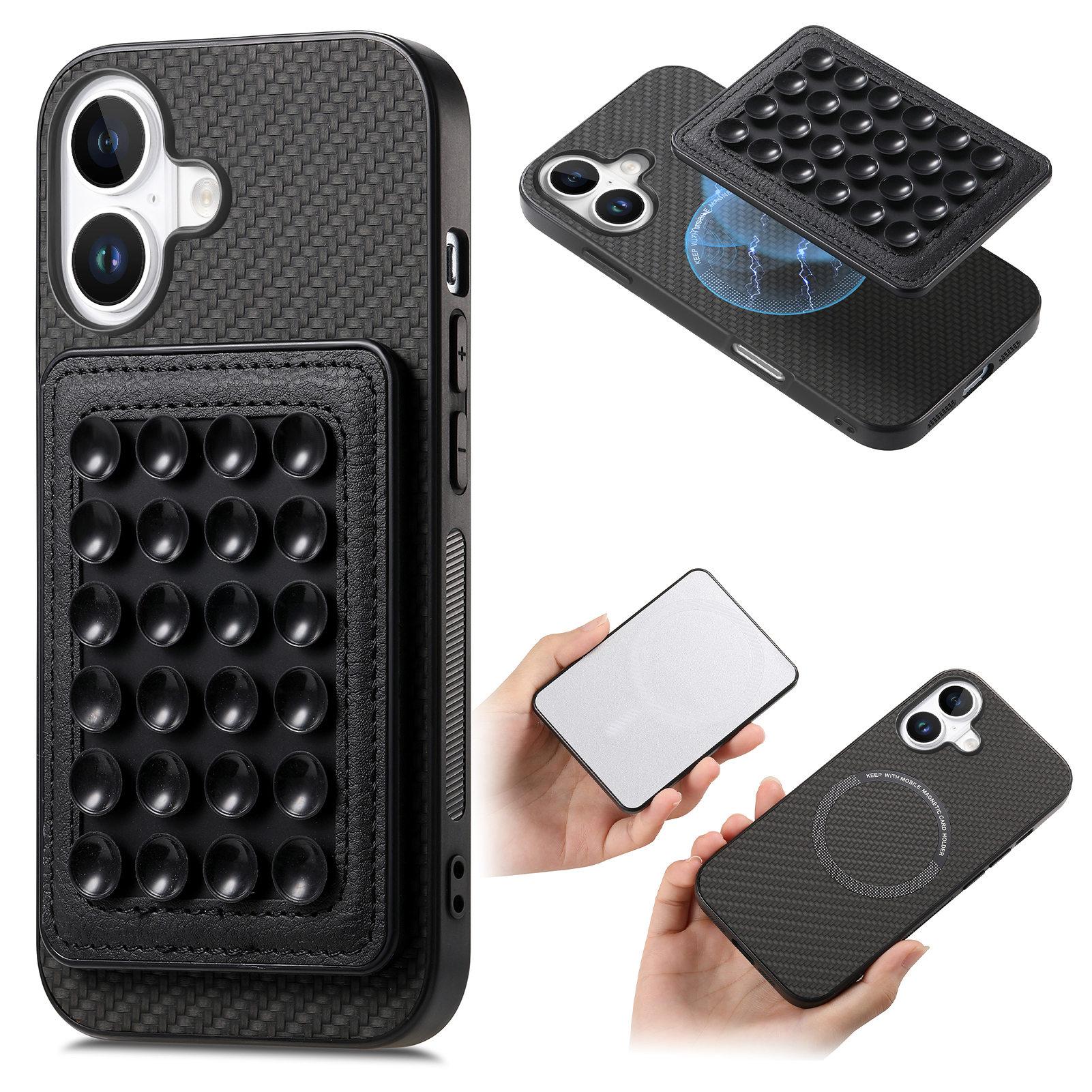 

For iPhone 16 Plus Case Carbon Fiber Texture Leather Back Cover with Magnetic Detachable Suction Cup Black