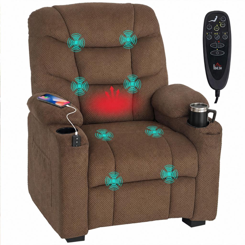 Electric Reclining Relax Chair With Lumbar Heat Vibration Massage Silent Motor Memory Function USB Pockets Brown