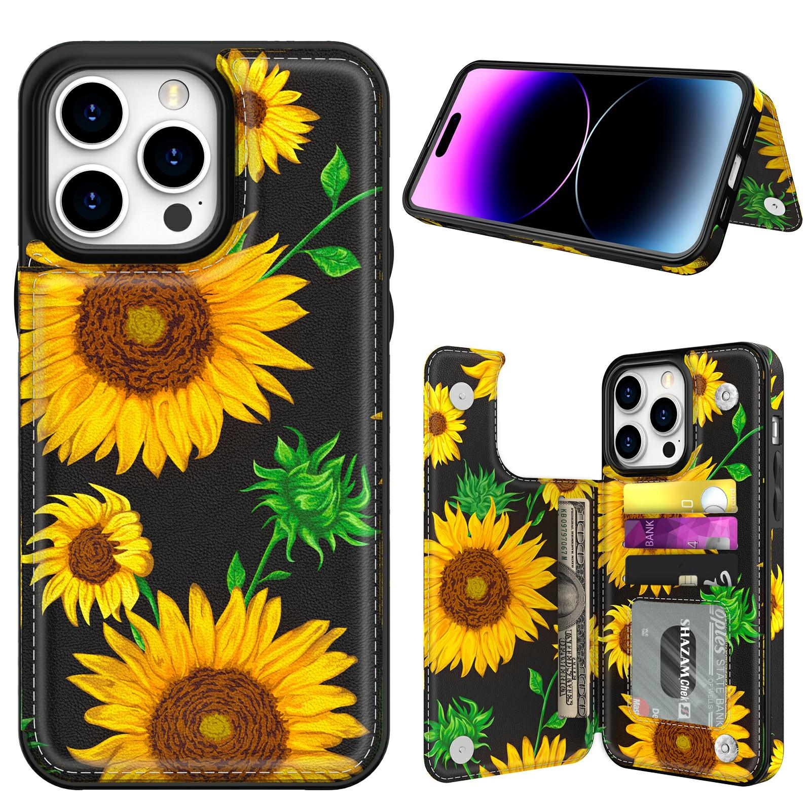 

AHASTYLE WG08 For iPhone 14 Pro Max Case Pattern Printing Wallet Kickstand Anti Drop Leather Phone Back Cover Sunflower