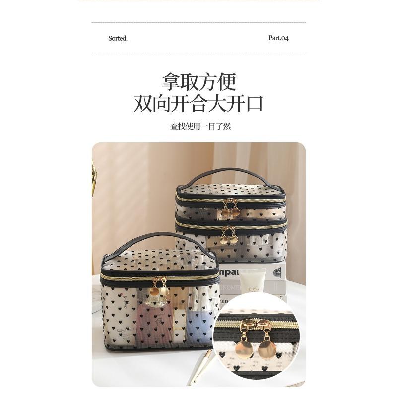Large Capacity Flocked Heart Pattern Mesh Cosmetic Travel Storage Bag