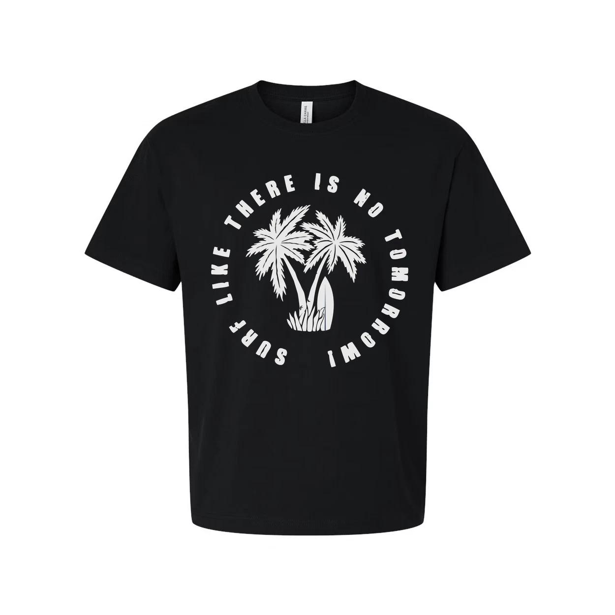

Unisex Surfing Tee With Palm Trees Circular Graphic And Motivational Phrase For L