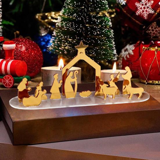 Office Holiday Decor Christmas Acrylic Ornament, Mirrored Golden Silhouette Scene, Decorative Modern Craft Desktop Display for Living Room Fireplace