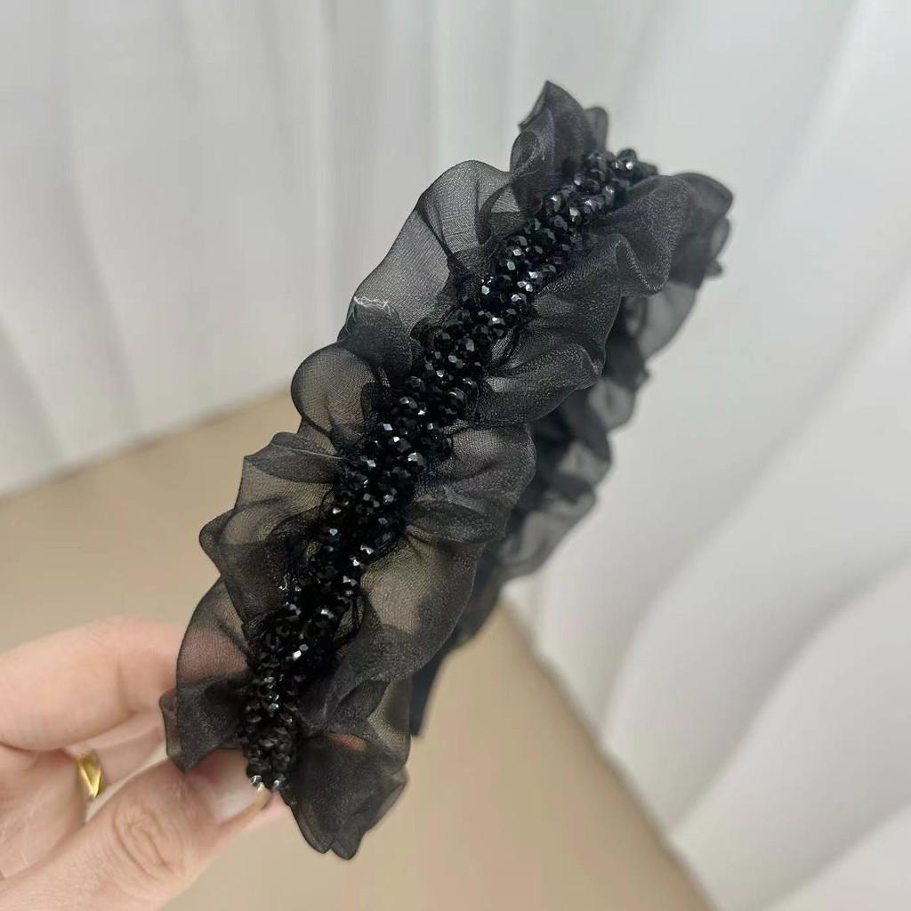 

Elegant Mesh High Skull Crystal Headband Pleated Face-lifting Hair Accessory In Black Taro And Off-white