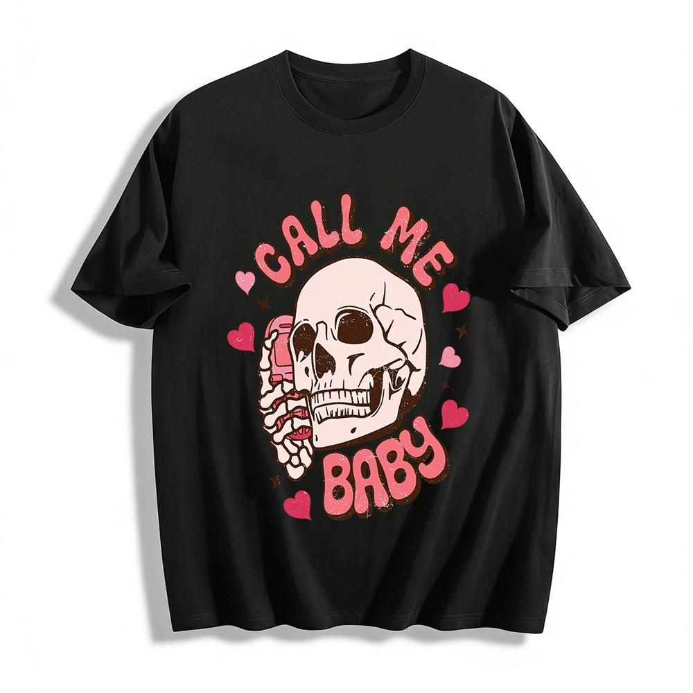 

Retro Skull Call Me Baby Heart Print Casual Short Sleeve T-Shirt Pure cotton T-shirt XXS