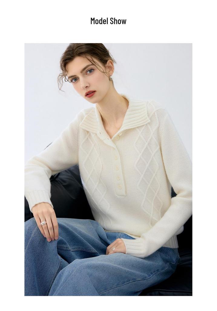 Cashmere Cable Knit Polo Collar Loose Long-Sleeve Sweater for Autumn/Winter