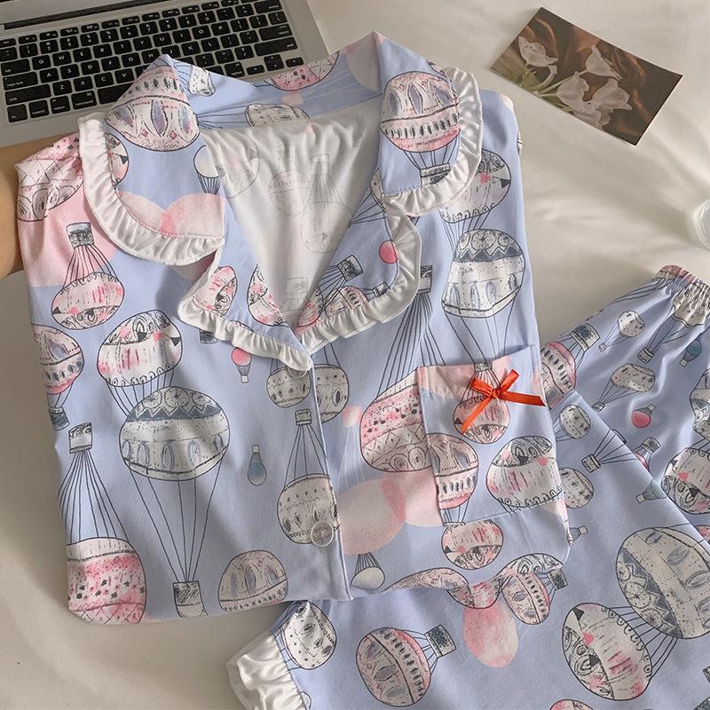 

Романтичная пижама из имитации хлопка с принтом маленьких свежих воздушных шаров, женский комплект для дома с длинным рукавом, весна-осень 2XL [Recommended 130-72.5kg]