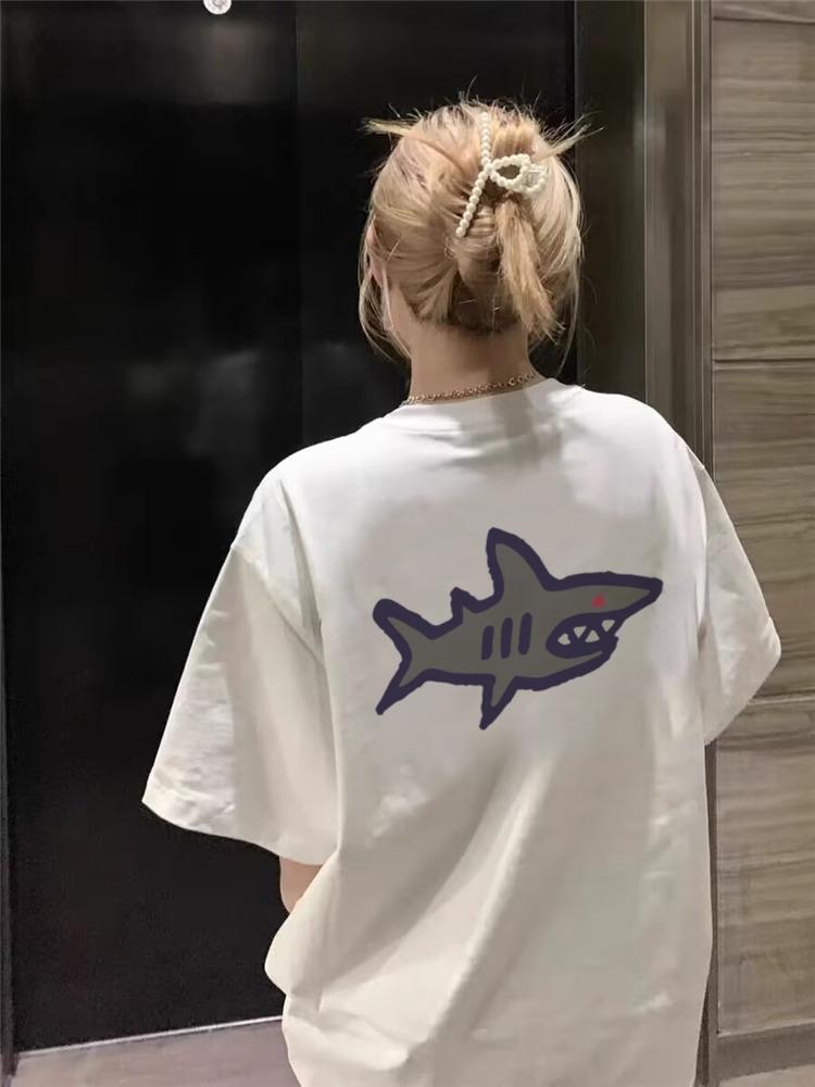 Women's Summer Shark Print Loose Fit Pure Cotton Half Sleeve T-shirt