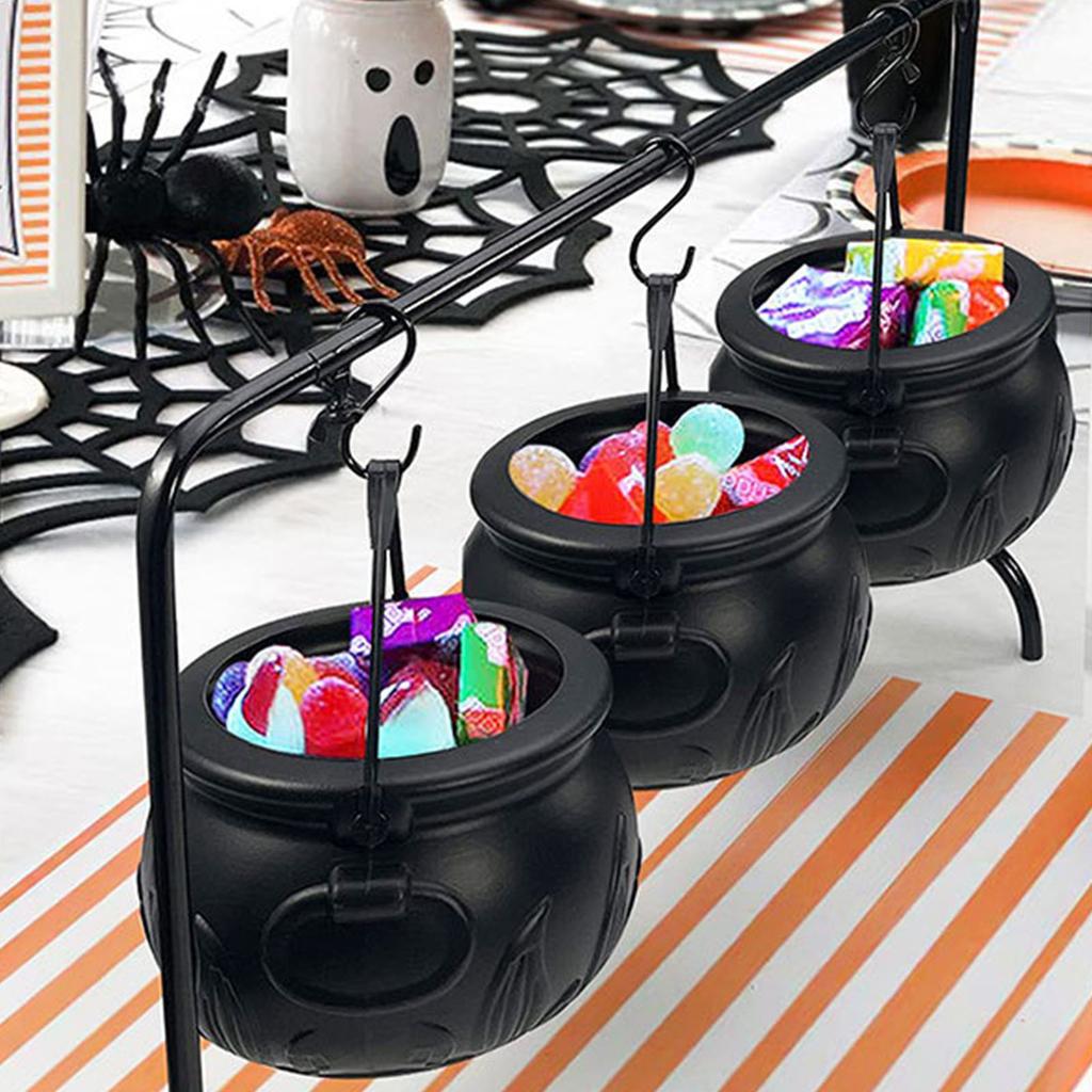 3 Pcs Witches Cauldron Serving Bowls On Rack Halloween Party Decorations Hanging Black Cauldron Bowls for Kitchen