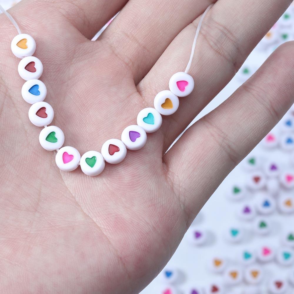 100Pcs 7mm Acrylic Flat Round Beads Colorful Heart Pattern Loose Spacer Beads For DIY Bracelets Earrings Making Supplies