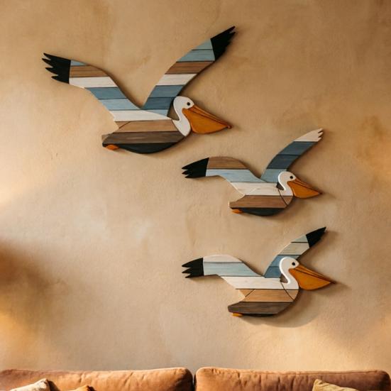 3 Pcs Pelican Wall Art Wooden Flying Bird Wall Hanging Decor Nautical Rustic Beach Wall Sculpture for Living Room Bedroom