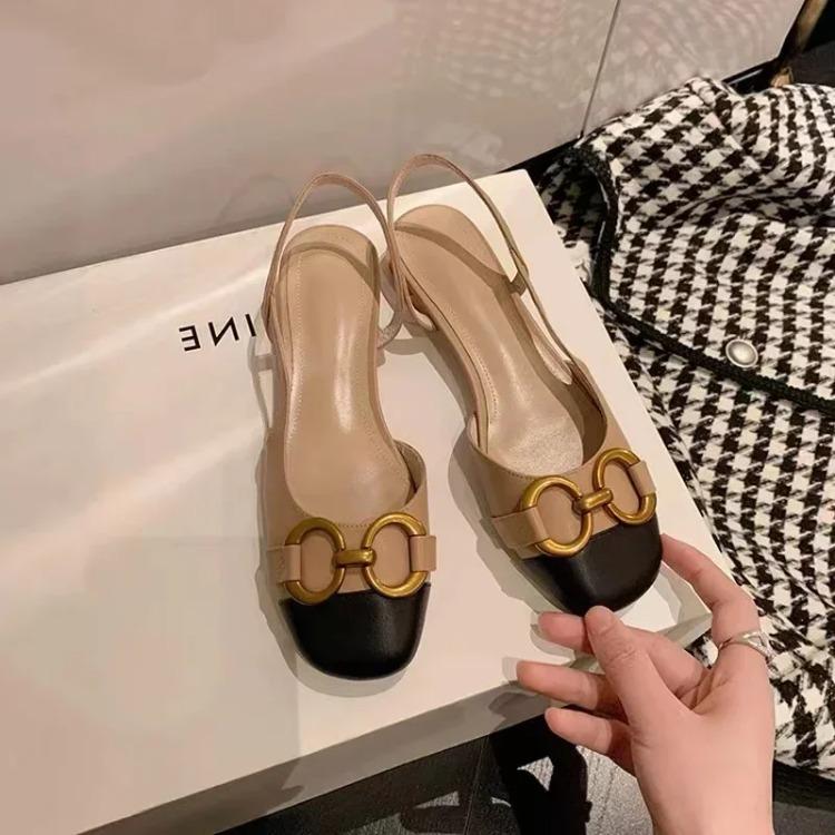 French Retro Baotou Back Strap Horsebit Women Sandal Real Leather Stitching Low Heels Office Shoes Slip On Sapatos Femininos