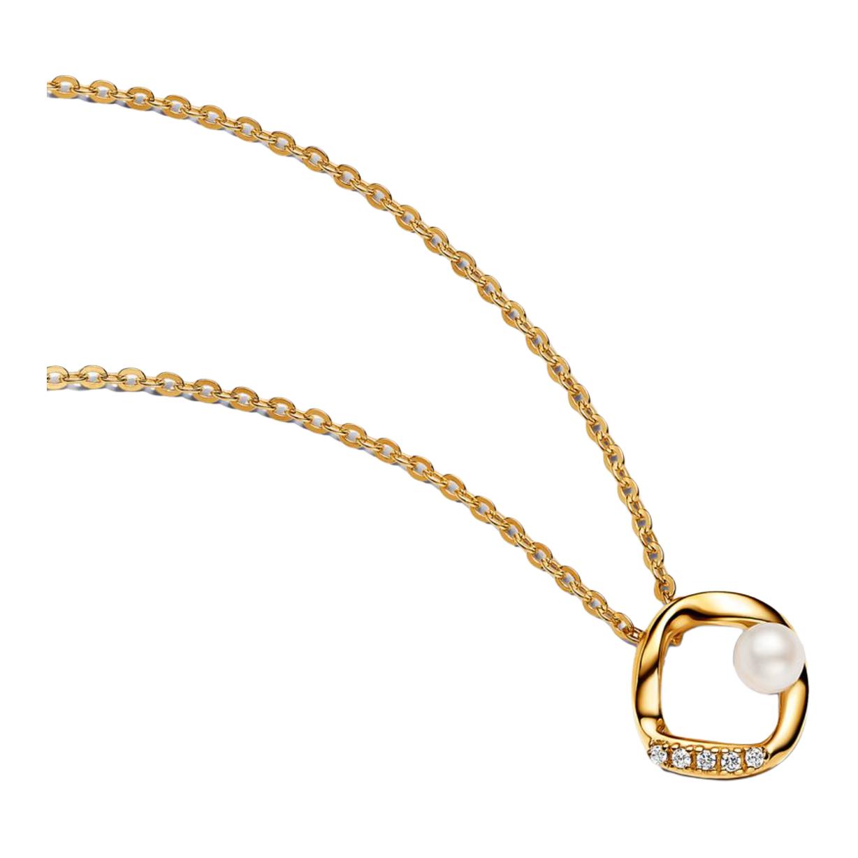 Pandora Organic Shaped Paved Circle Pearl Necklace Women necklace Gold 363303C01 Box