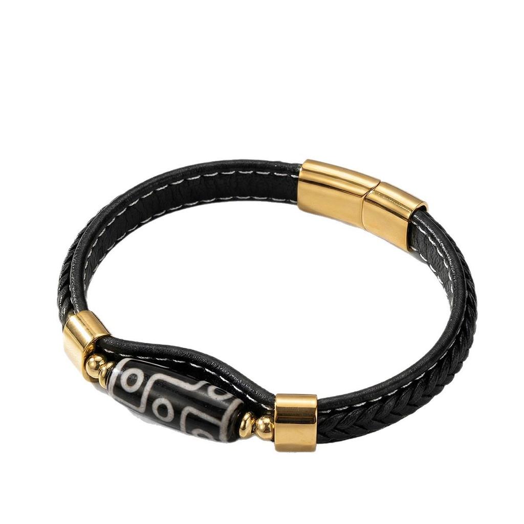 Pulsera de Cuero con Cuenta Dzi Tibetana de Nueve Ojos: Amuleto de la Suerte Estilo Étnico para Parejas