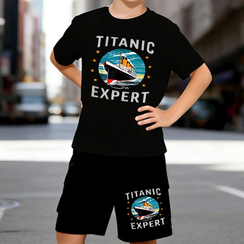 

Boys 2 Piece Space Titanic Printed outfit, Short Sleeve T-Shirt and Shorts Set for Kids Age 5-14,White, Black Sporty Casual Summer Clothes 5-6 Years