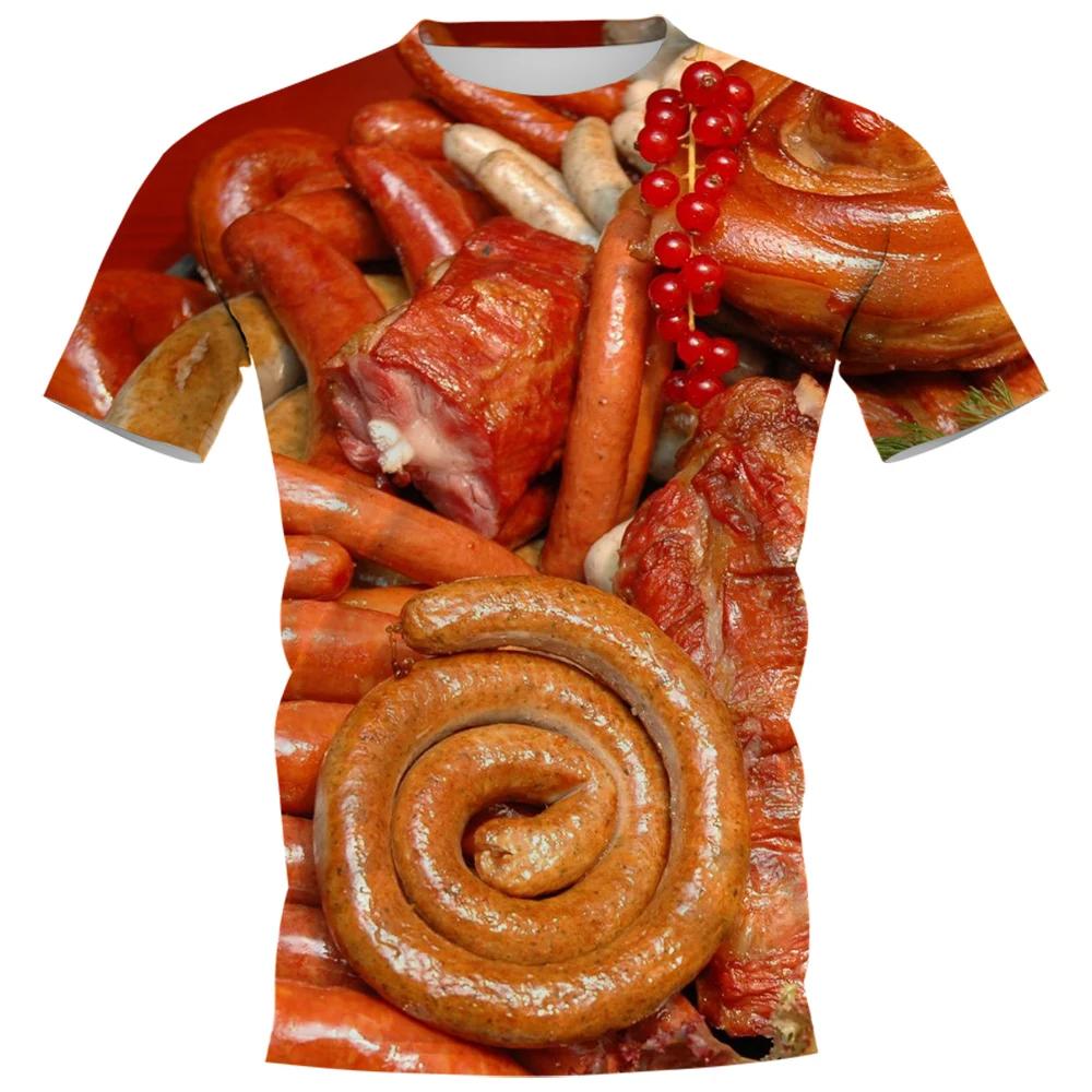 Yummy Food Graphic 3D Print T-shirts Delicacy Grilled Sausages Pullovers Summer Round Neck Fashionable Casual Short Sleeved Men's T-shirts