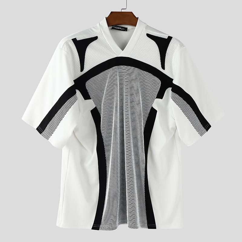 INCERUN Men T-Shirts V Collar Short Sleeve Netyarn Patchwork Casual Tops