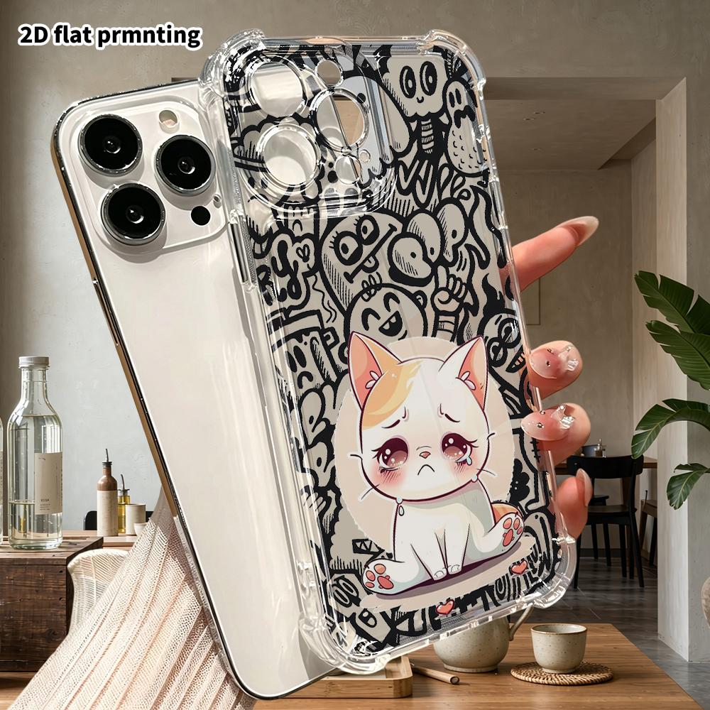 Phone Case: 2D Flat Suitable for iPhone 18 17 16 15 14 13 Pro, Transparent Corner Protection Case, Crying Cat, Christmas and Halloween Gifts