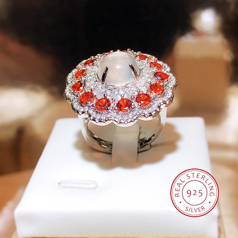 New Imitation Natural Opal Ring For Women  Silver Set Czech Diamond Orange Zircon Ring Party Wedding Jewelry Gift