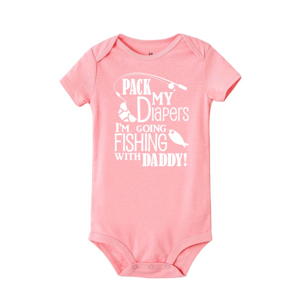 Jiangkao baby Ik Ga Vissen met Papa Print Pasgeboren Romper Baby Jumpsuit Bodysuit Jongens Meisjes Korte Mouw 3M wit/roze