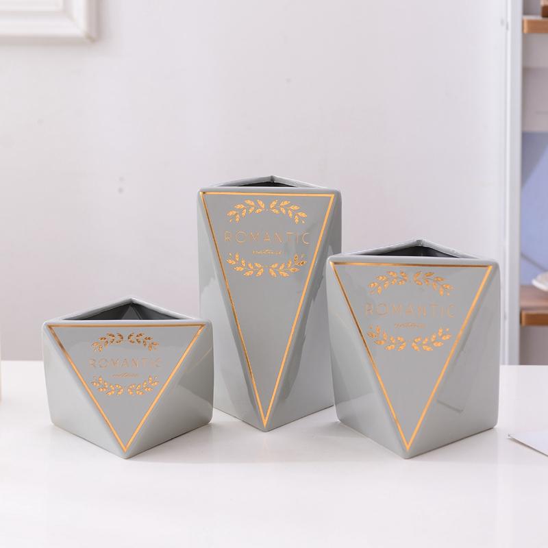 

1pc Pink Cearamic Vase Golden Olive Branch Flower Vase Geometric Grey Water Planting Container Home Decor Wedding Gift