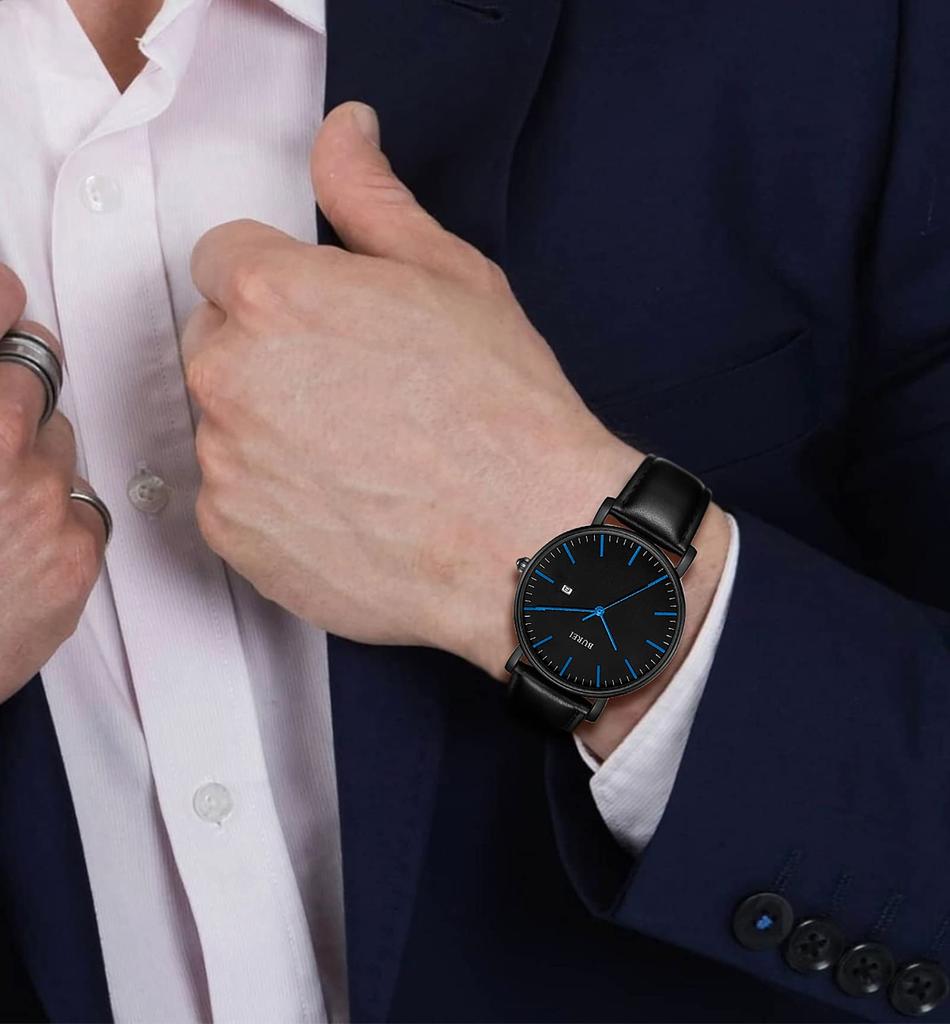 BUREI Men's Leather Watch, Simple and Stylish, Waterproof, Analog, Popular, Date Display, Business, Brand, Gentleman, Slim, Men's Watch G