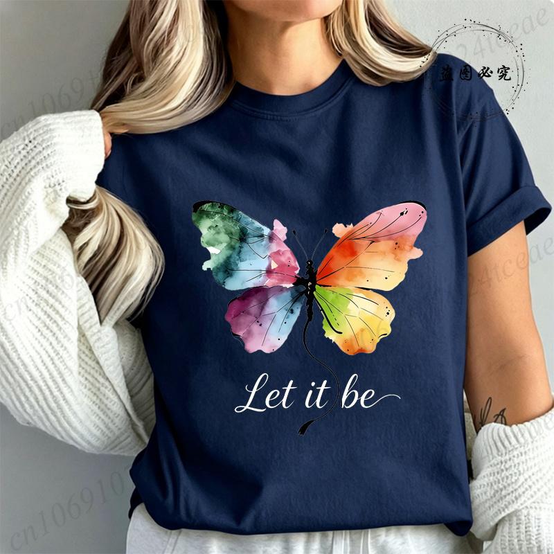 High Street T-Shirt Let It Be Rainbow Butterfly Print Shirt Fashion T-shirt Watercolor Butterfly Women Tee Summer Brand Tops