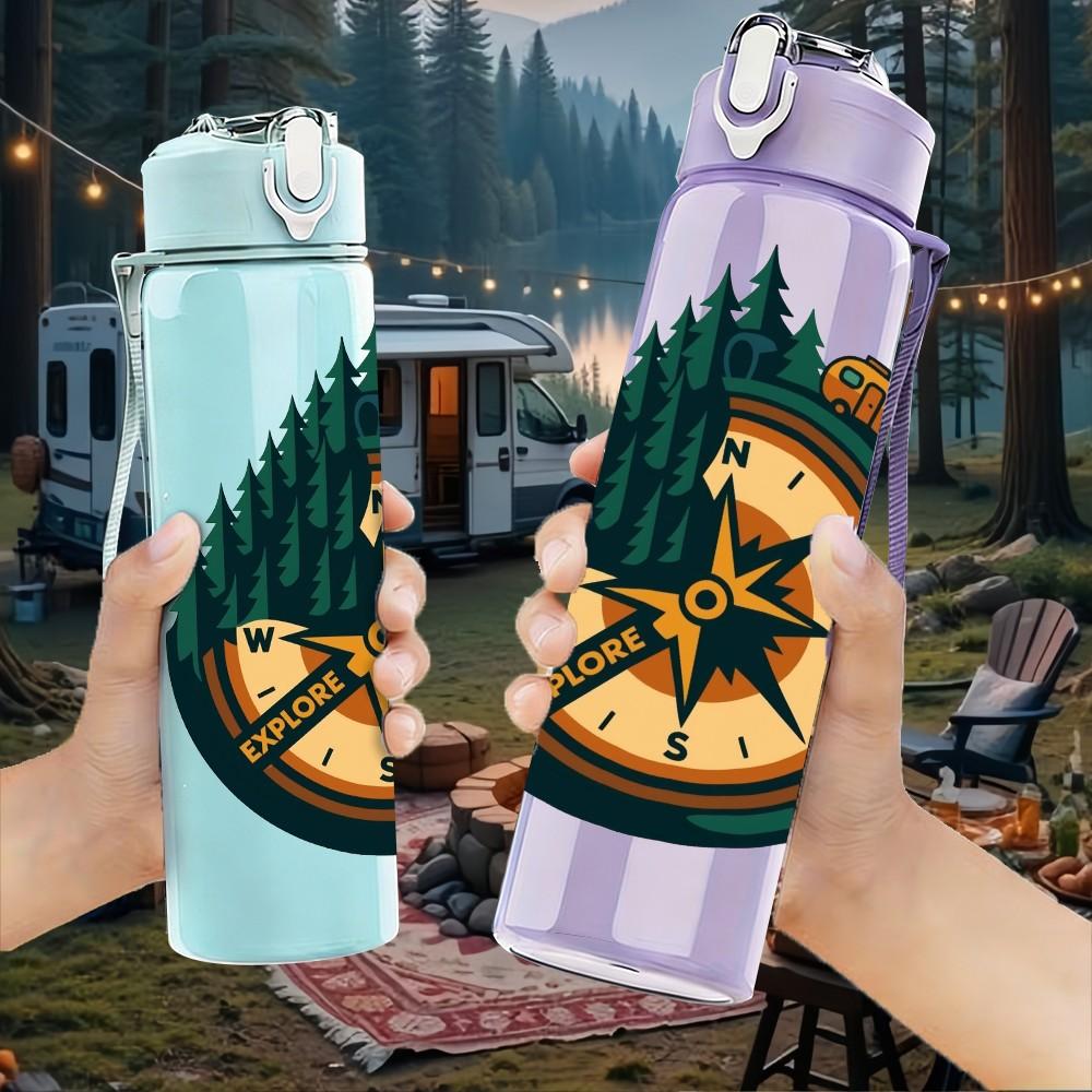 1PC Vintage Compass Outdoor Adventure Print 750ml Color Plastic Sports Water Bottle Leakproof Flip Straw Lid Suitable for Sports Office Home Use