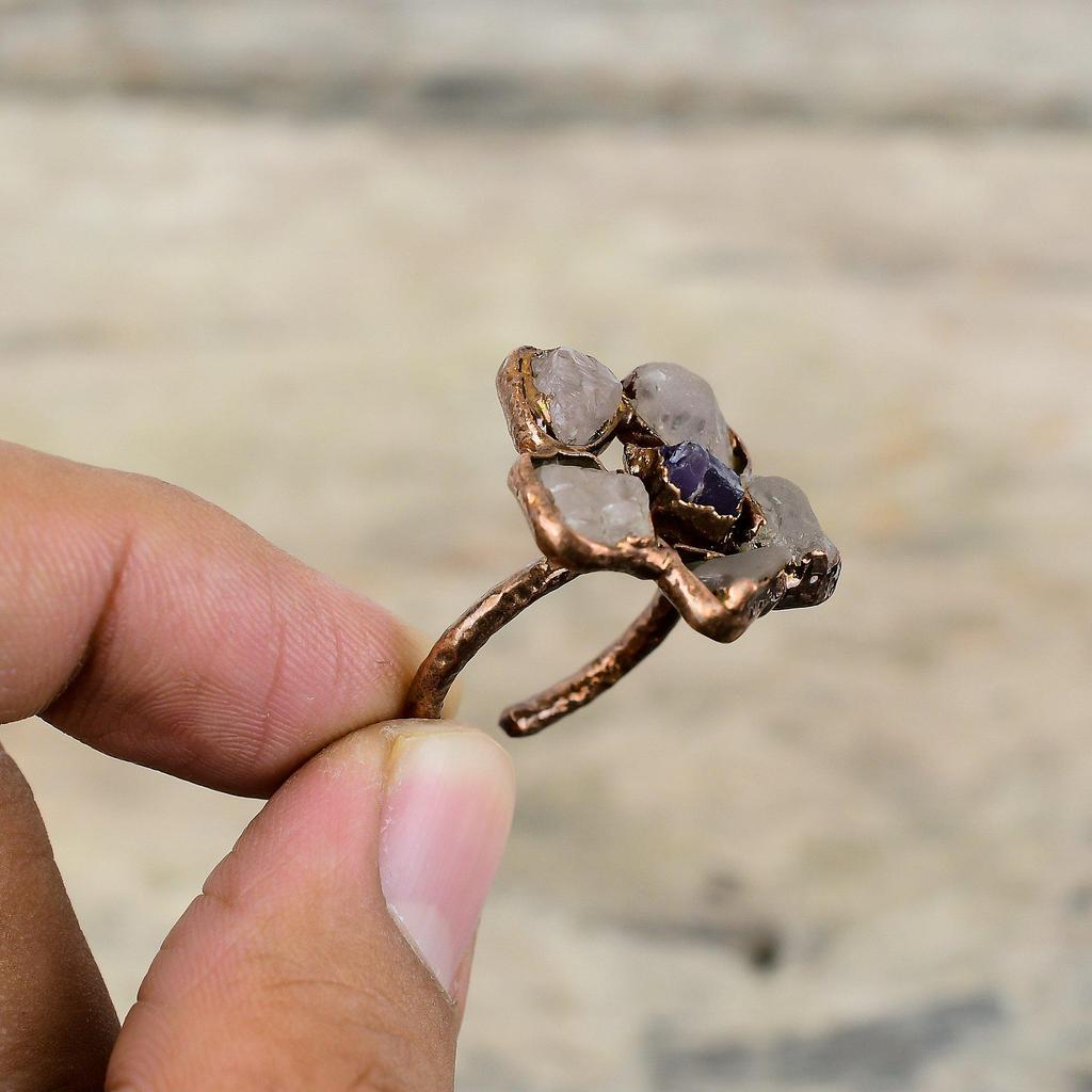Rose Quartz Rough Ring African Amethyst Rough Ring Electroformed Copper Ring Adjustable Ring Natural Gemstone Jewelry Handmade Ring For Gift