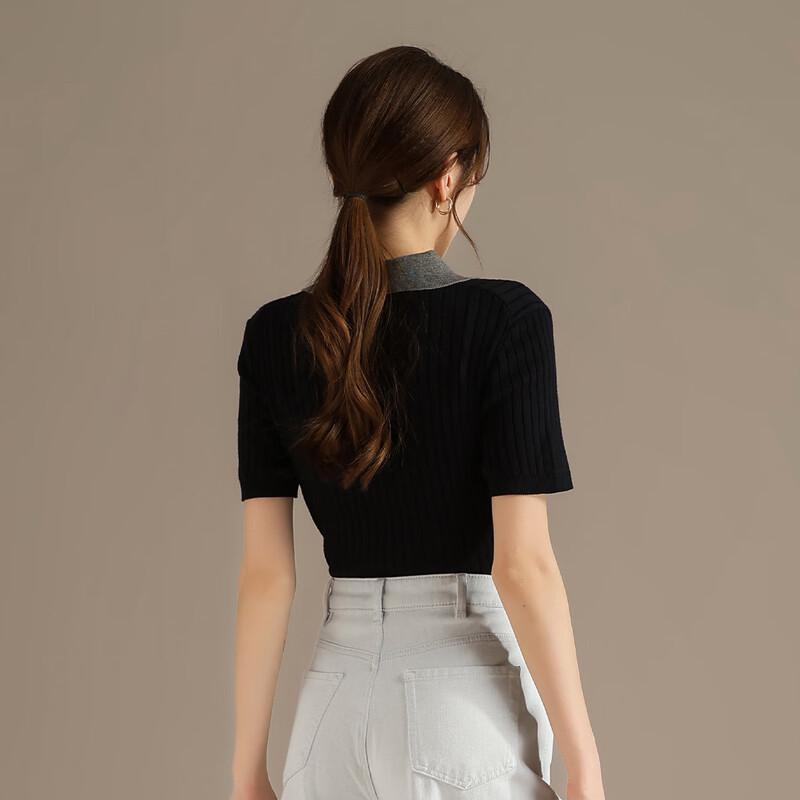 RAIN.CUN Women's Academy Style Color-block Knit Polo Shirt