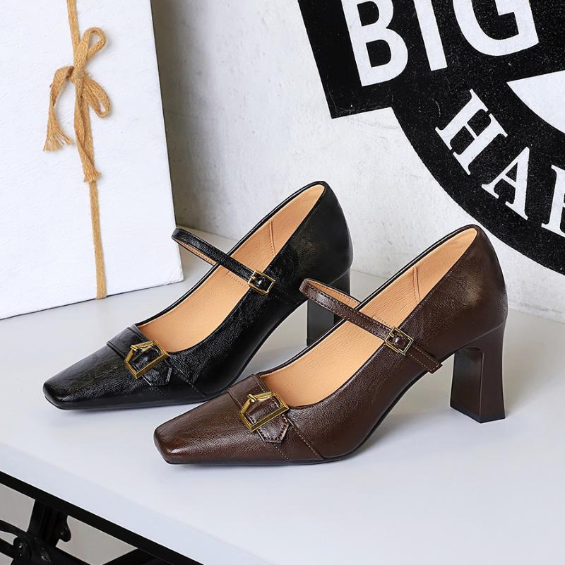 European American Style One-Strip High Heel Single Shoes For Women's Toe Shallow Mouth Thick Heel High Heels Metal Belt Buckle