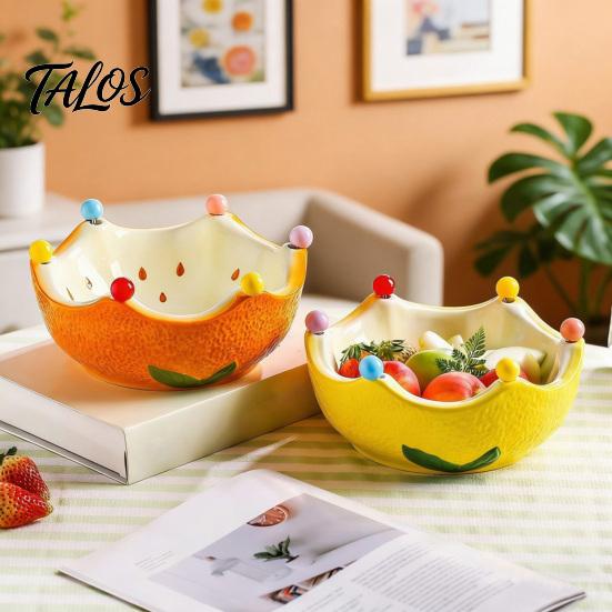 Fruit Plate with Fruit Fork, Ceramic Fruit Bowl, Orange Decorative Snack Serving Dish, for Kitchen Counter And Dining Table