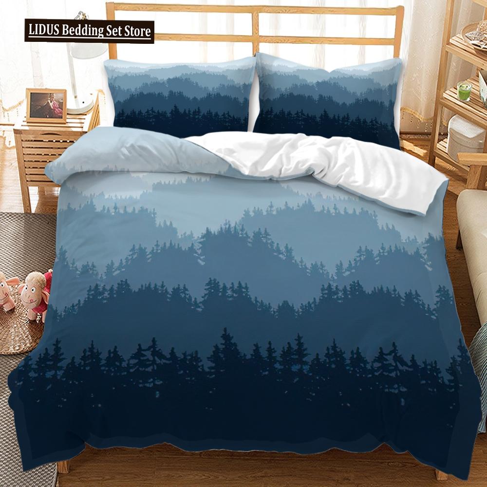 3D Mountain Forest Duvet Cover Set Snow Mountain Winter Theme King Queen Size Comforter Cover For Kid Teen Polyester Bedding Set