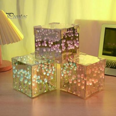 Lámpara de espejo con forma de cubo de tulipanes hecha a mano, suave y fácil de instalar, romántica luz de noche con flores de tulipanes, decoración de escritorio