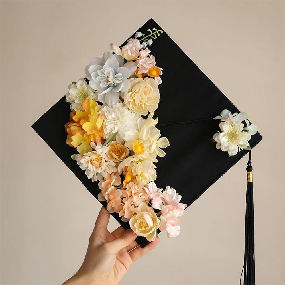 Bachelor Academic Hat with Tassels Doctor Mortar Board Flowers Graduation Cap Graduation Party