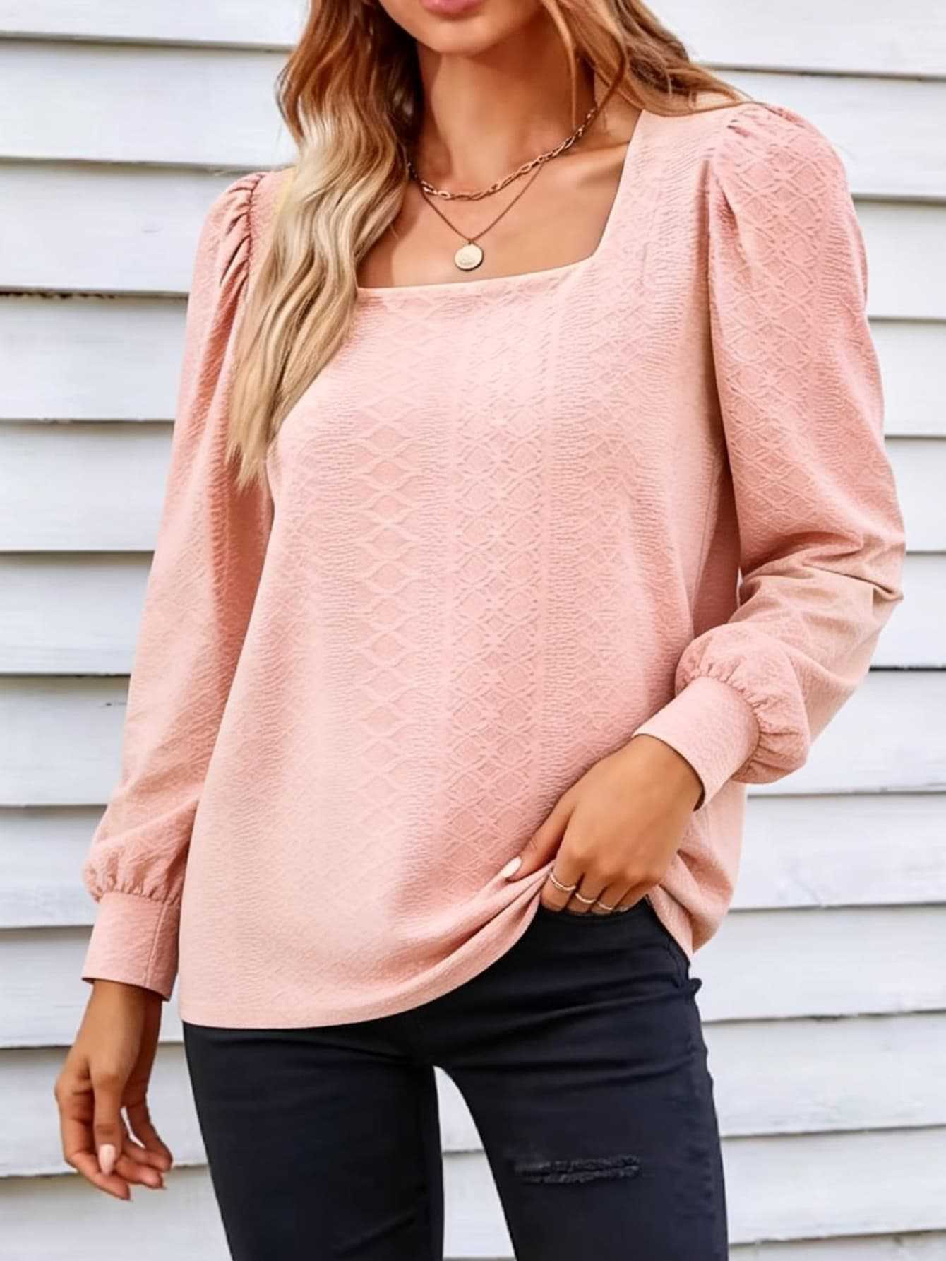 Cross-border exclusive pink square neck puff sleeve top for women, jacquard textured waist-cinching long-sleeve shirt wholesale XS