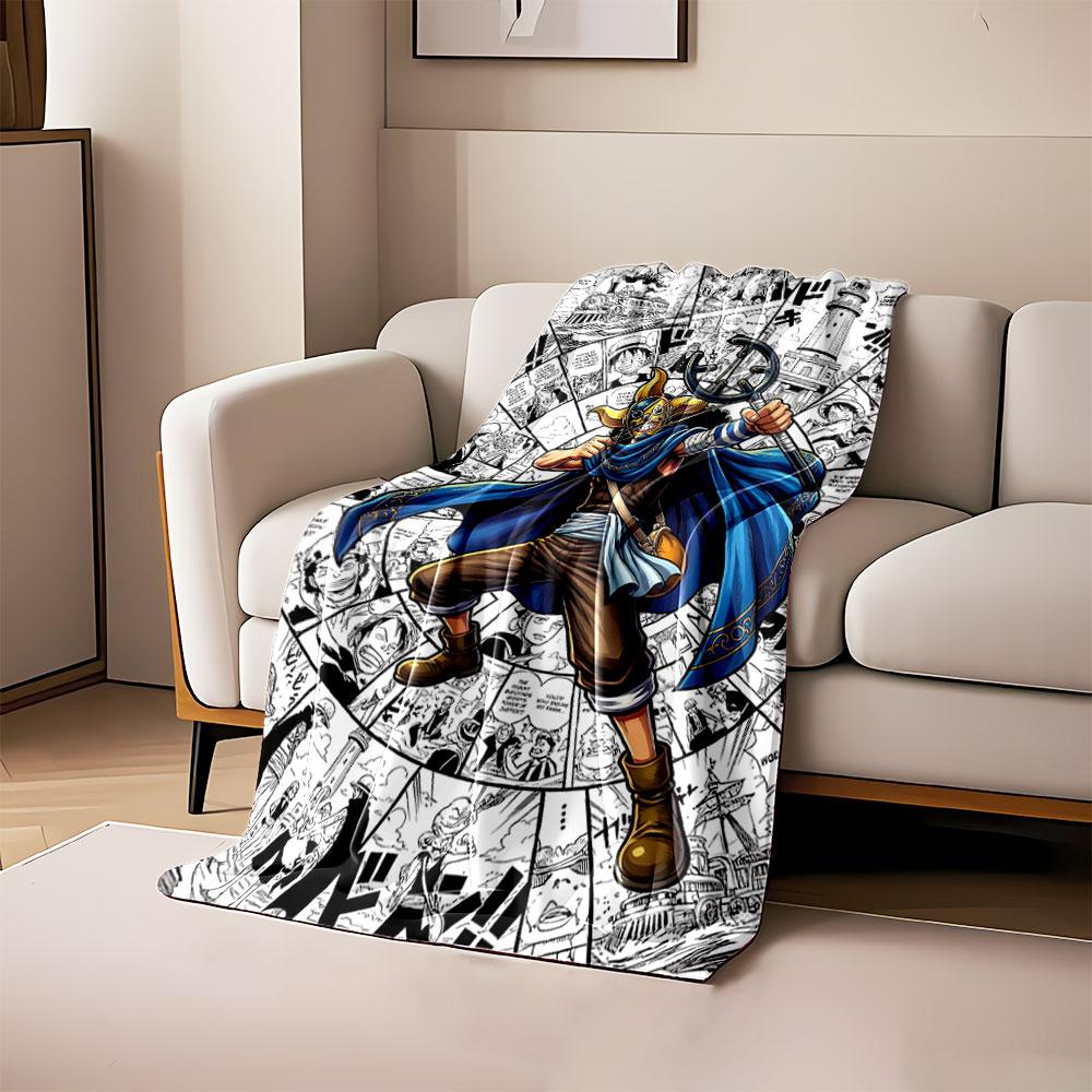 

A masked character holding a weapon with comic panels in the background. for all seasons blanket lunch break throw gift 80cm x 120cm