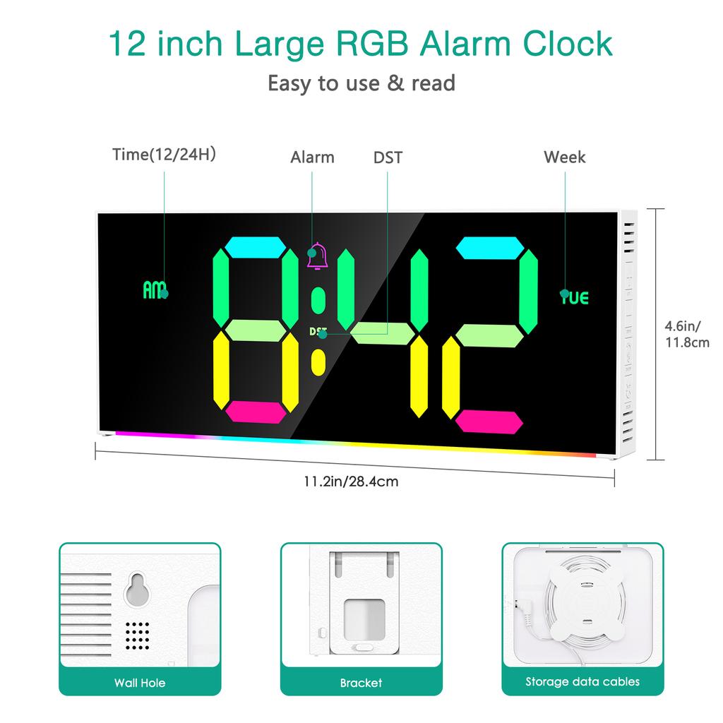 ORIA Digital Wall Clock 12" Large Display RGB Colorful Alarm Clock with Remote Control for Living Room, Gym