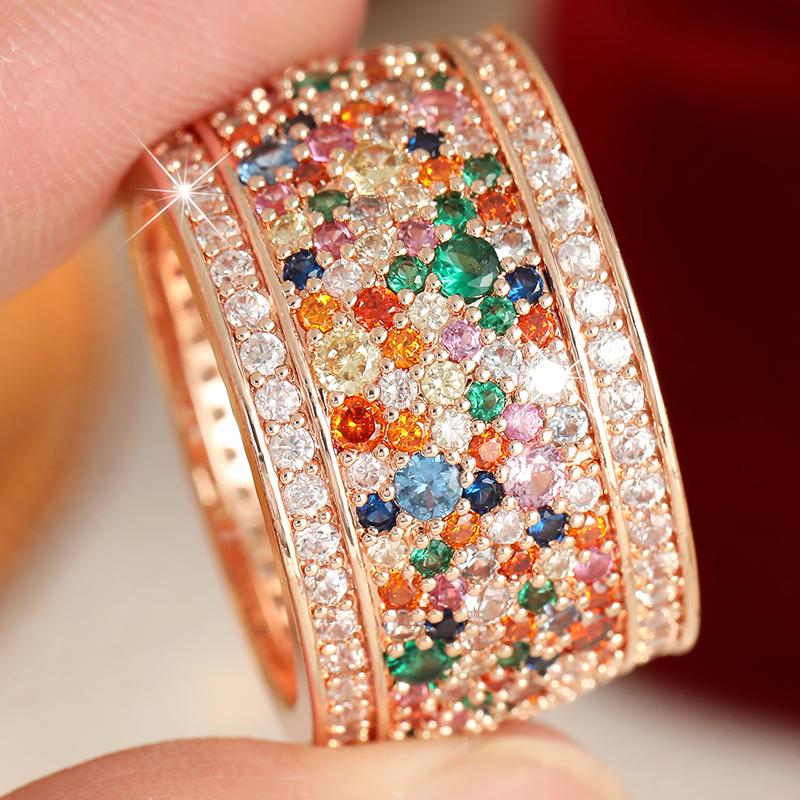 Luxury Inlaid Multicolored CZ Women's Ring Shine Gold Color Geometry Daily Wear Party Jewelry Anniversary Gift