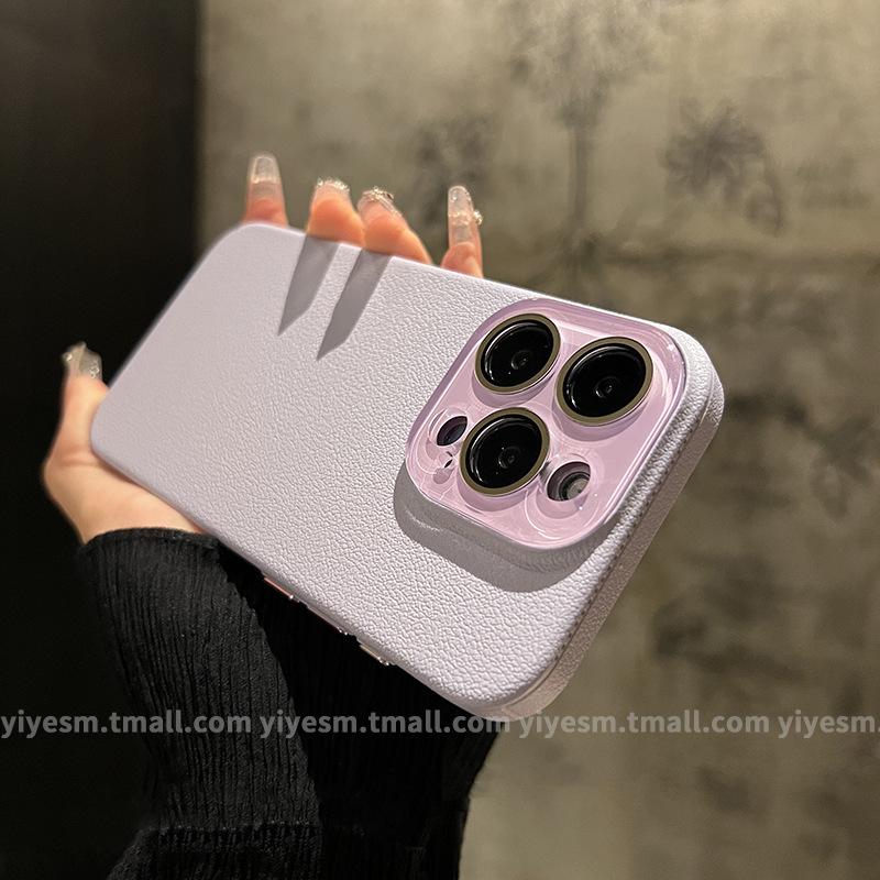Applicable to iPhone15 lychee leather pattern mobile phone case Apple 14promax crystal lens 13 simple solid color protection