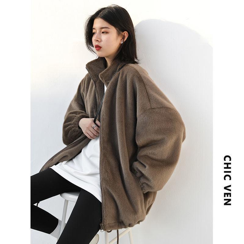 

Winter new loose stand-up collar solid color thin coat medium and long plush top women 2XL