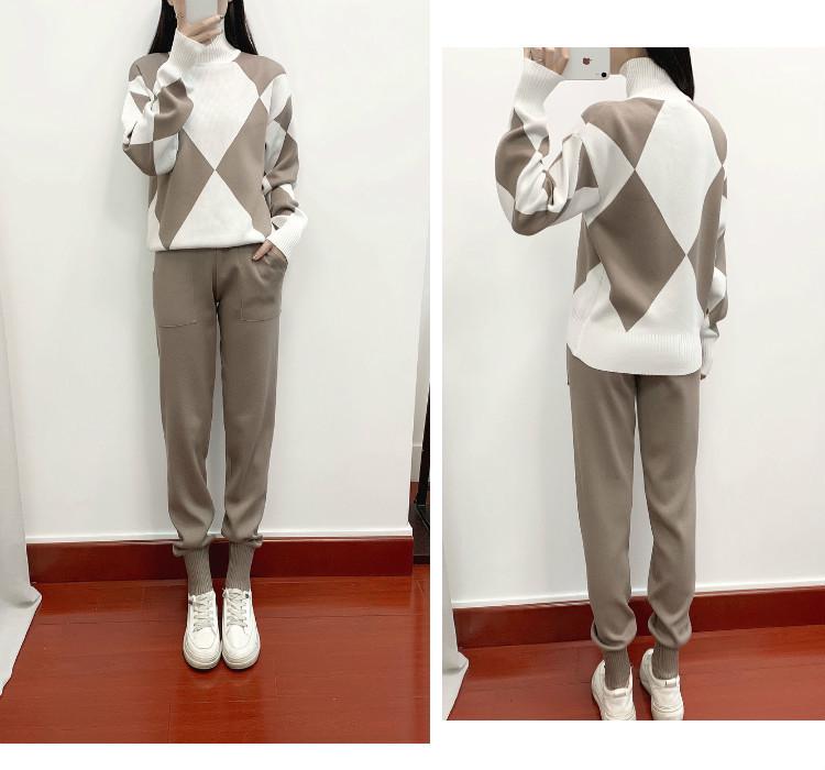 European Style Women's Casual Plaid Knit Sweater Two-Piece Set