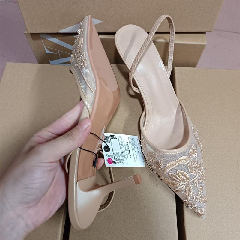 Mesh Flowers Embroided Women Pumps Elegant Pointed toe Beading Thin High heels Summer Slingbacks Ladies Wedding Shoes