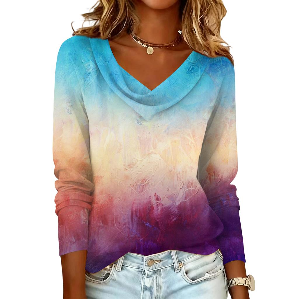 Damen lässiges Mode-Pulloveroberteil mit Langarm, kreuzgefärbt und bedruckt