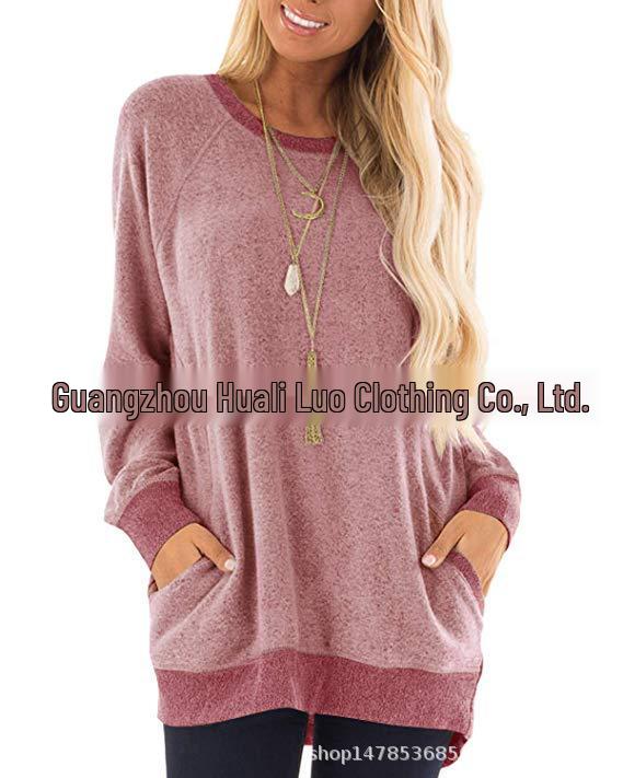 Sweatshirt à col rond bloc de couleur avec poche pour femme - Manches longues T-shirt décontracté
